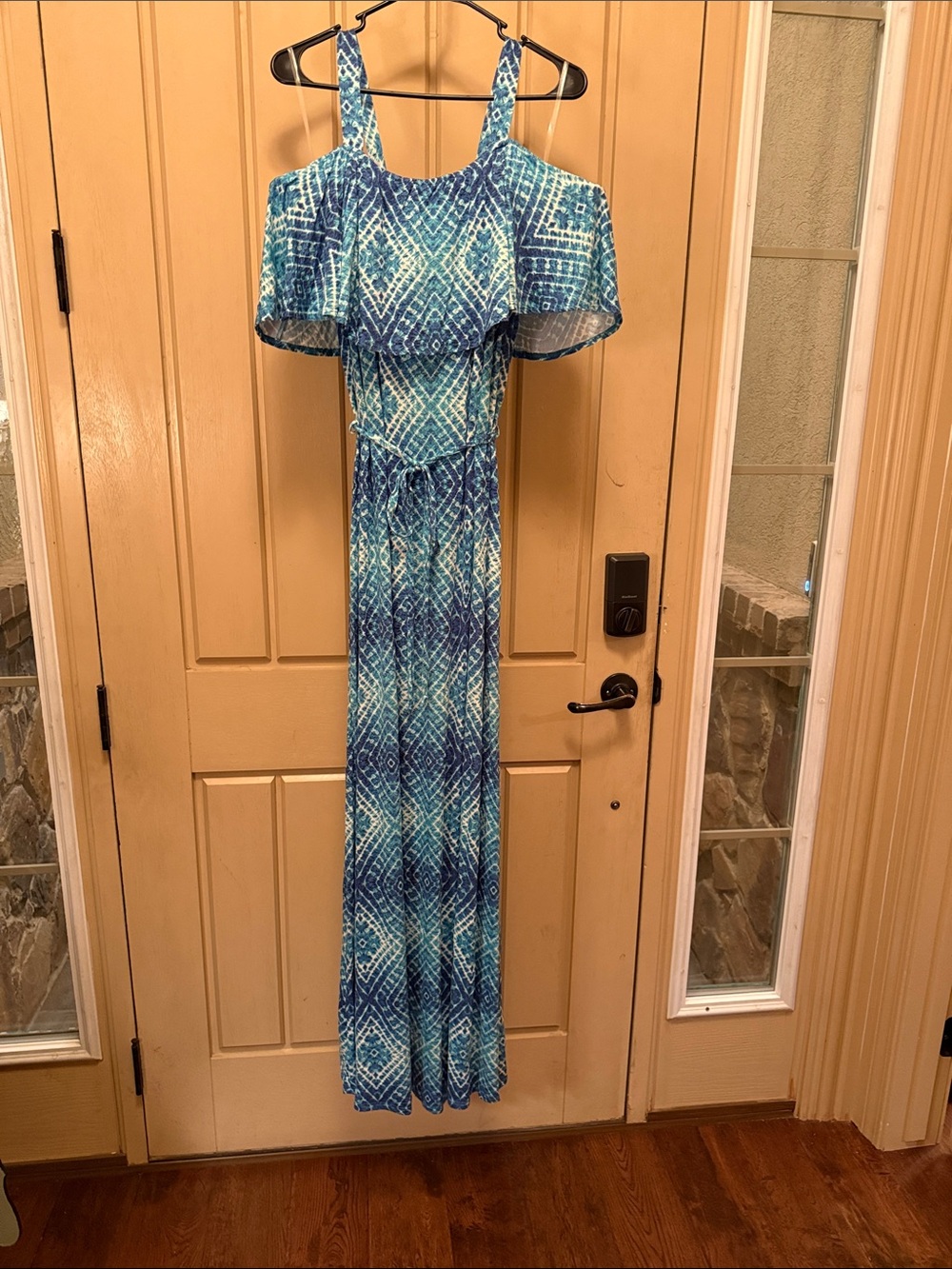 Blue Geometric Cold-Shoulder Maxi Dress - size 1X